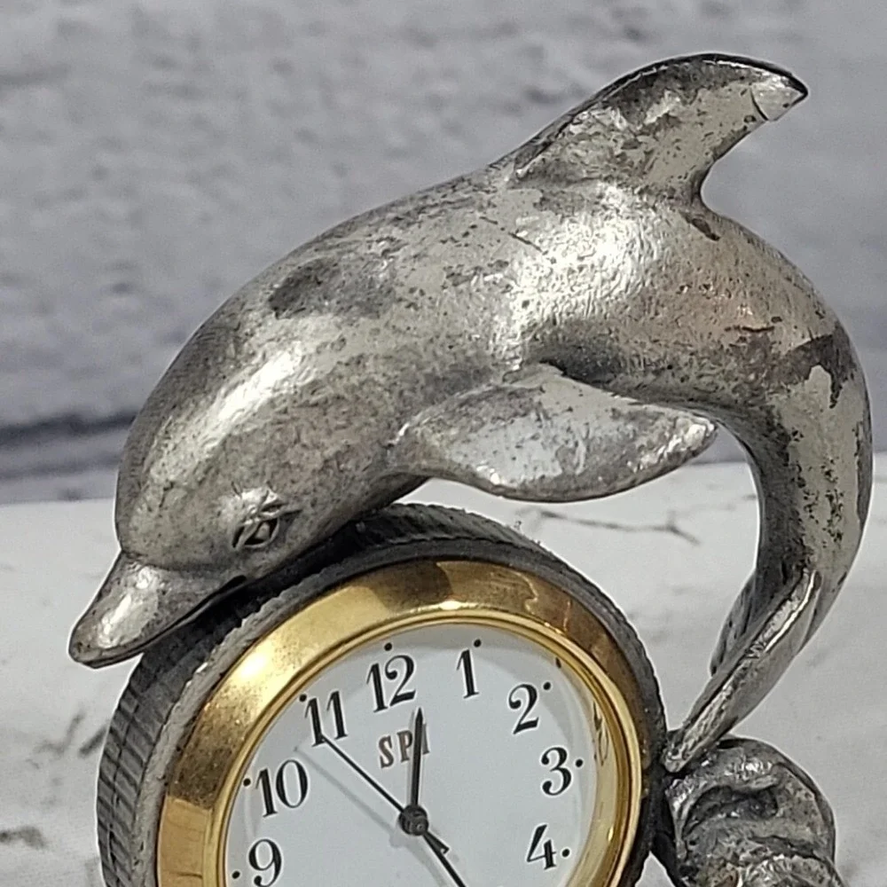 Vintage‎ Pewter Quartz Desk Clock Dolphin Figural Coastal Motif Flaw-Non Working
